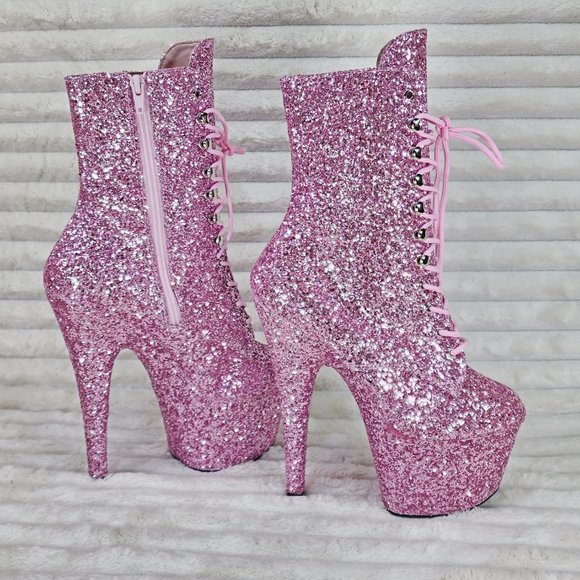 Adore Pink Glitter High Heel Platform Lace Up Ankle Boots